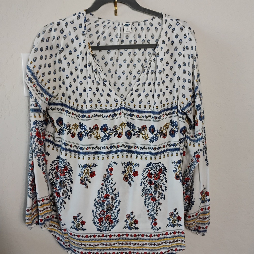 Old Navy Womens Large Boho Floral V-Neck Blouse Long Sleeve Border Print White